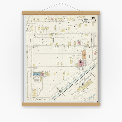Old map wall art mockup — magnetic wood frame on white wall — Sanborn Fire Insurance Map from Marietta, Washington County, Ohio (1915), Sheet #0012