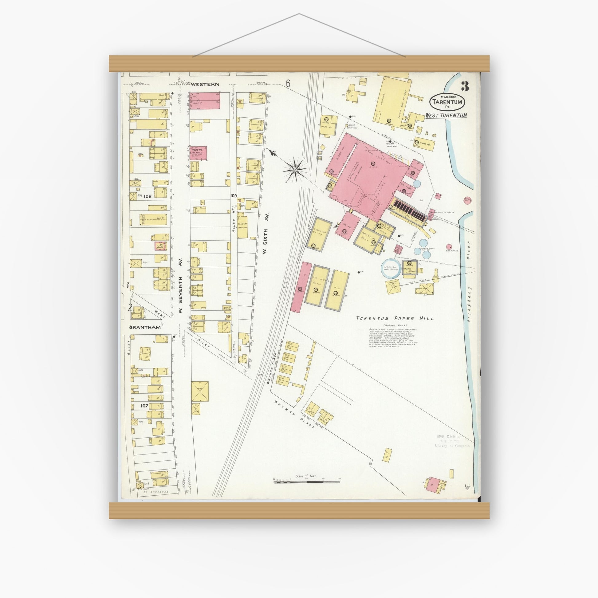 Old map wall art mockup — magnetic wood frame on white wall — Sanborn Fire Insurance Map from Tarentum, Allegheny County, Pennsylvania (1909), Sheet #0003