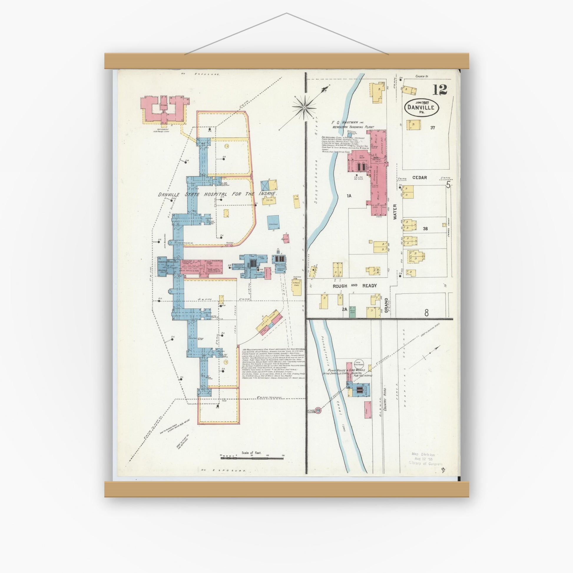 Old map wall art mockup — magnetic wood frame on white wall — Sanborn Fire Insurance Map from Danville, Montour County, Pennsylvania (1907), Sheet #0012