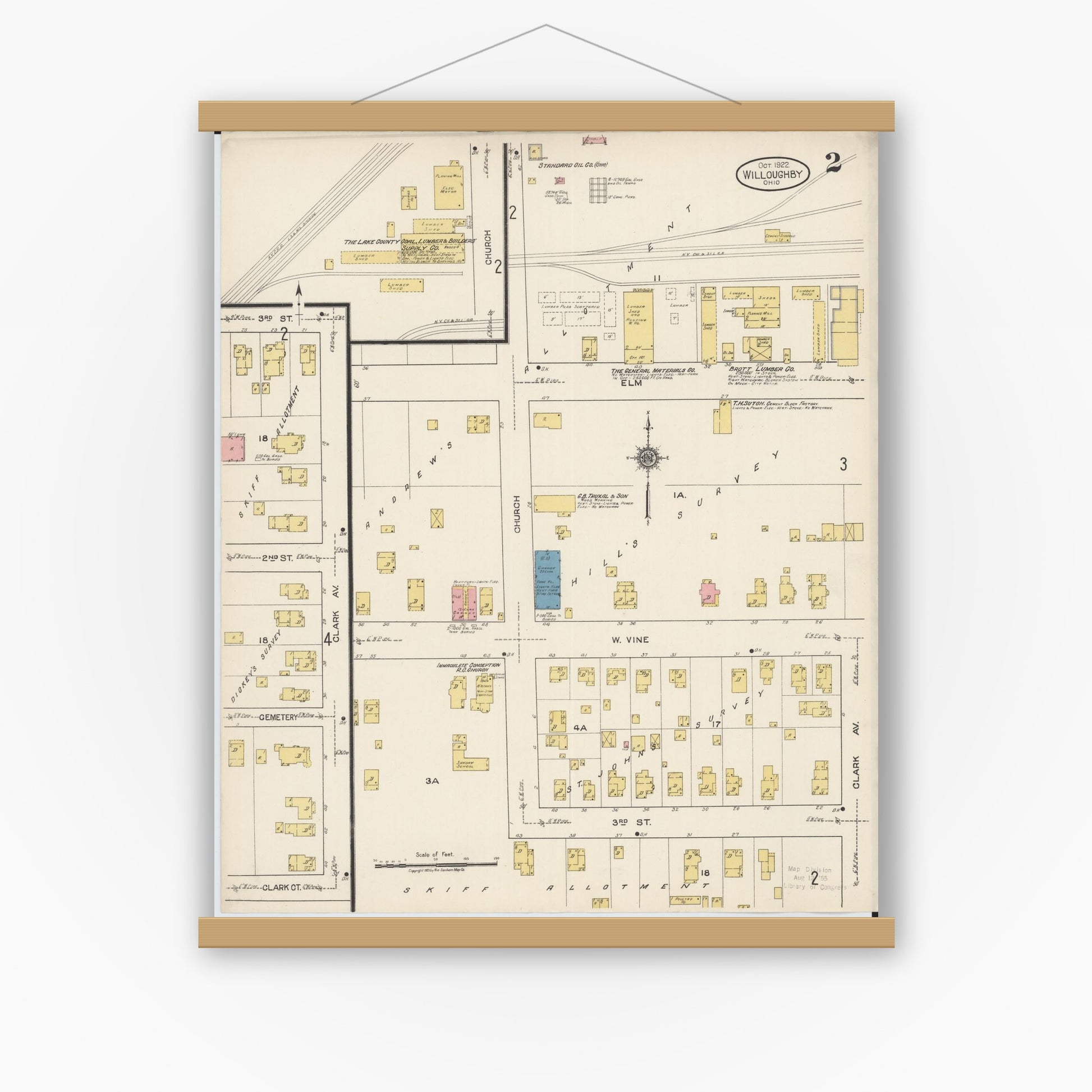 Old map wall art mockup — magnetic wood frame on white wall — Sanborn Fire Insurance Map from Willoughby, Lake County, Ohio (1922), Sheet #0002