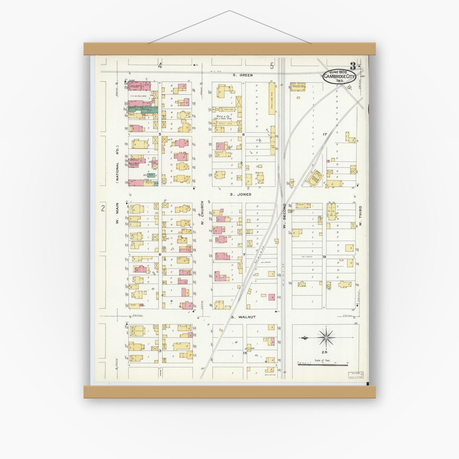 Old map wall art mockup — magnetic wood frame on white wall — Sanborn Fire Insurance Map from Cambridge City, Wayne County, Indiana (1908), Sheet #0003