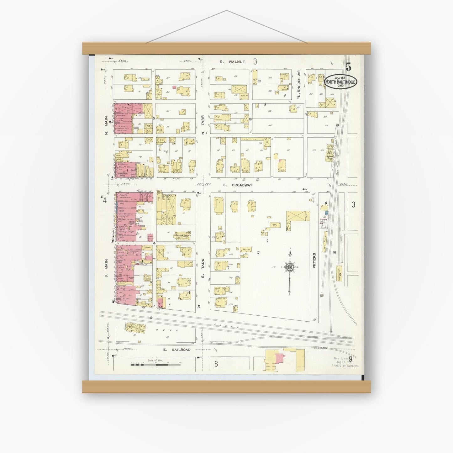 Old map wall art mockup — magnetic wood frame on white wall — Sanborn Fire Insurance Map from North Baltimore, Wood County, Ohio (1913), Sheet #0005