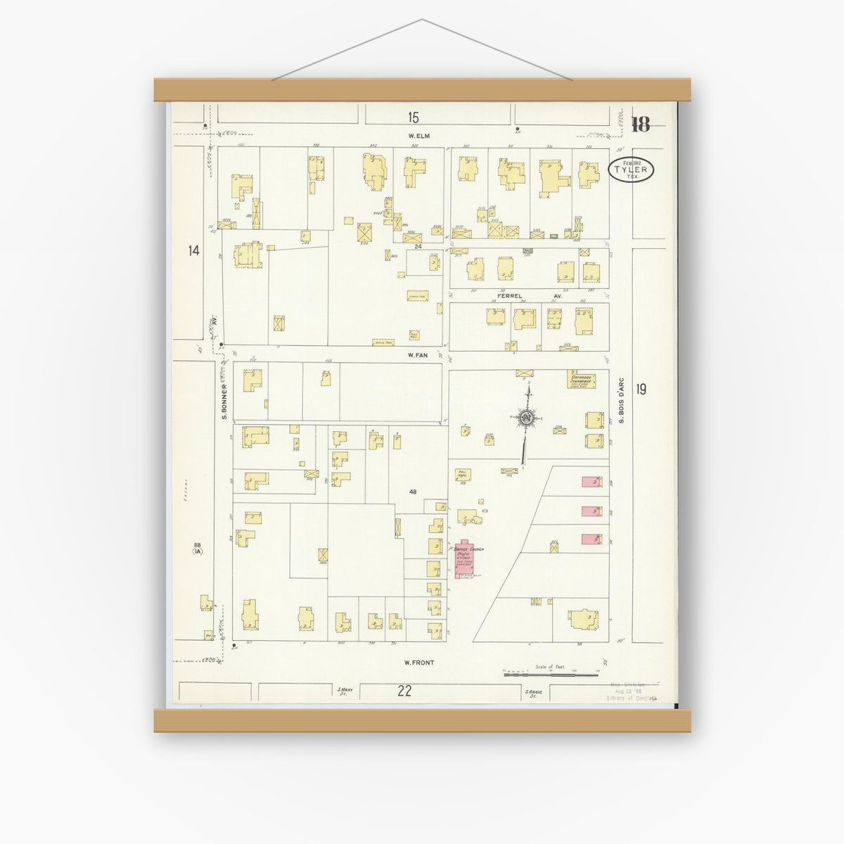 Old map wall art mockup — magnetic wood frame on white wall — Sanborn Fire Insurance Map from Tyler, Smith County, Texas (1912), Sheet #0018
