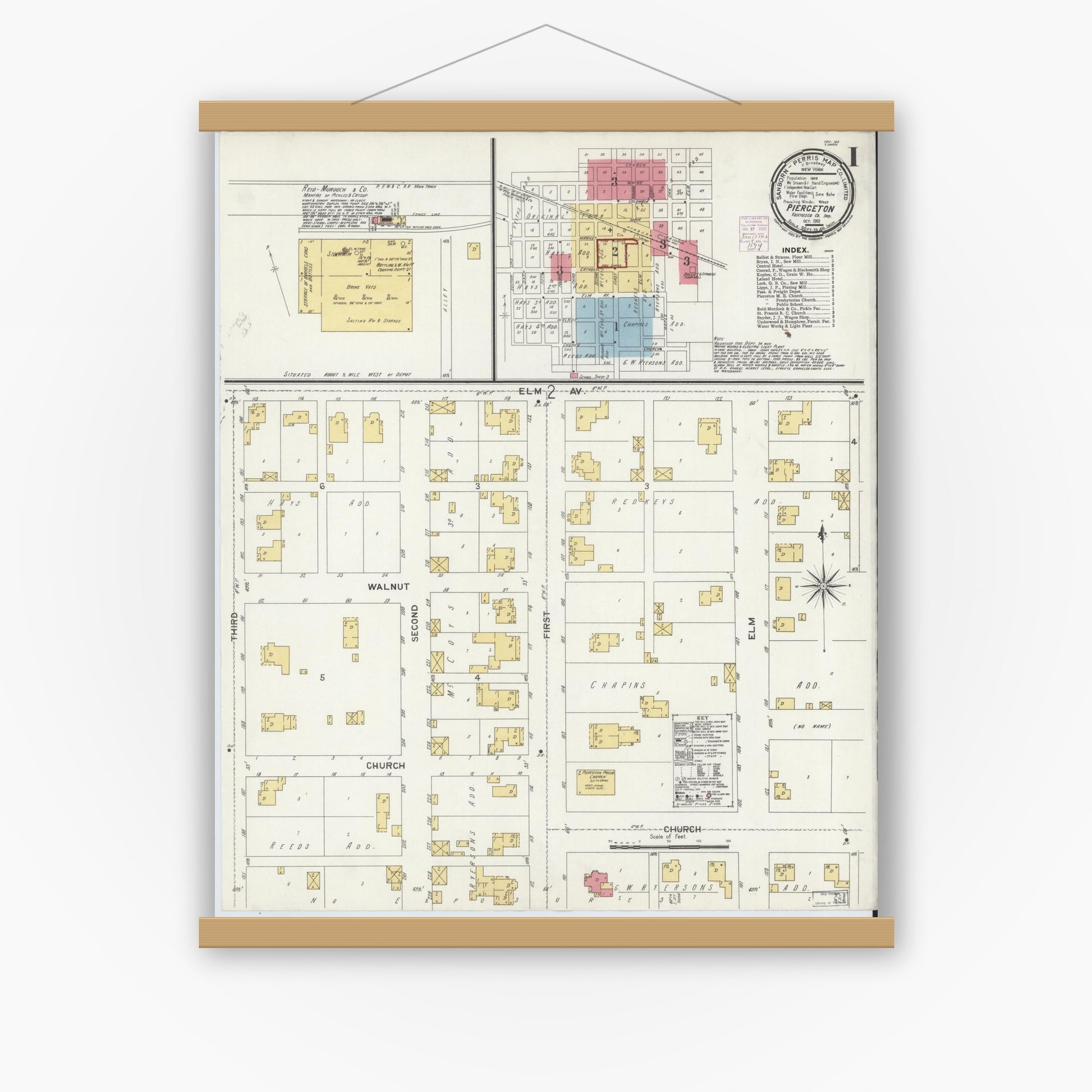 Old map wall art mockup — magnetic wood frame on white wall — Sanborn Fire Insurance Map from Pierceton, Kosciusko County, Indiana (1901), Sheet #0001