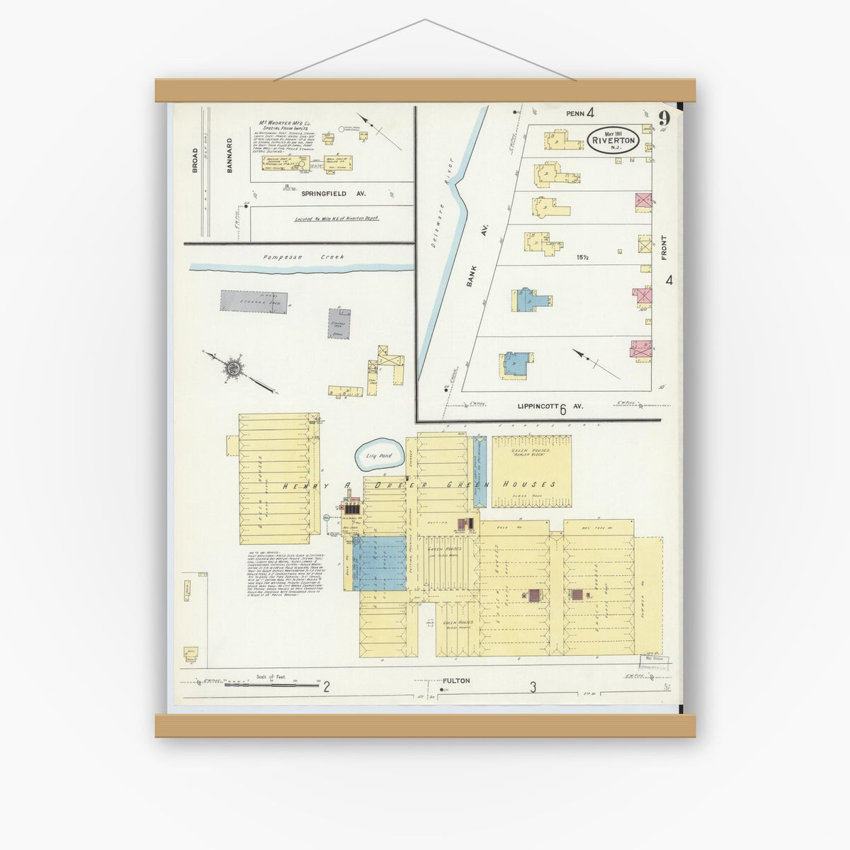 Old map wall art mockup — magnetic wood frame on white wall — Sanborn Fire Insurance Map from Riverton, Burlington County, New Jersey (1911), Sheet #0009