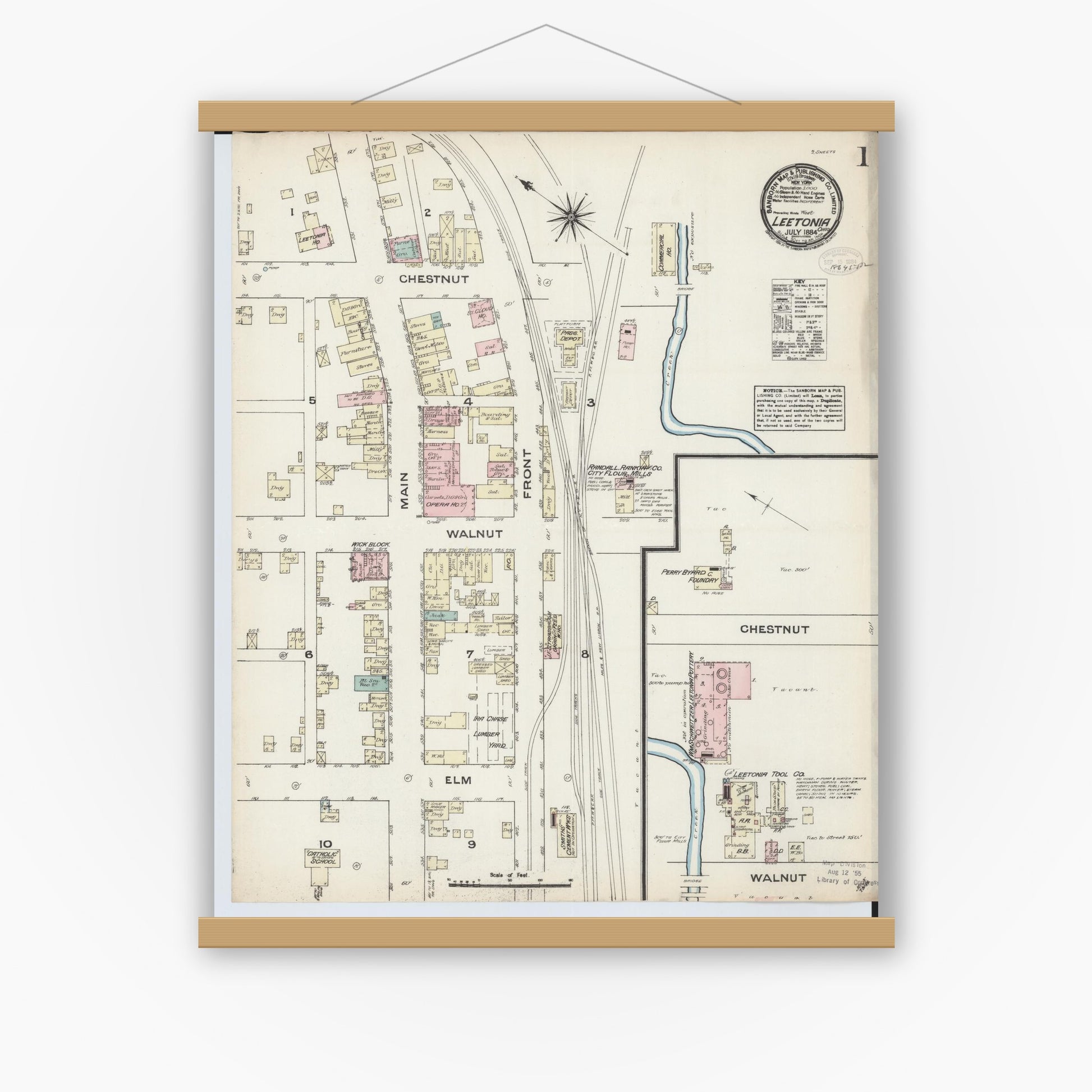Old map wall art mockup — magnetic wood frame on white wall — Sanborn Fire Insurance Map from Leetonia, Columbiana County, Ohio (1884), Sheet #0001