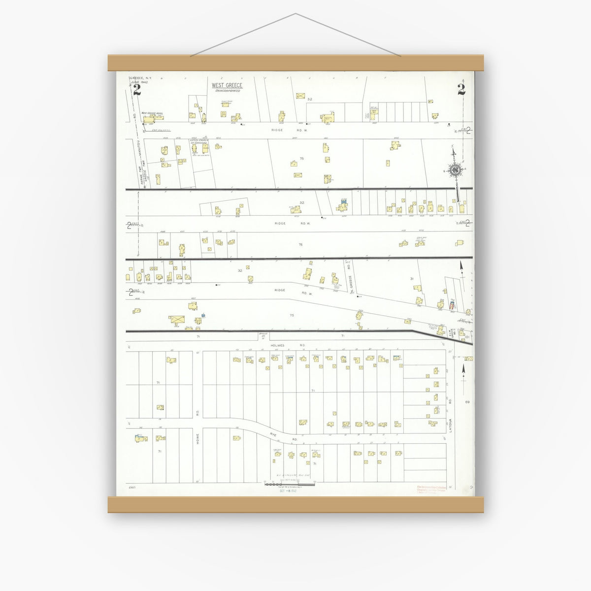 Old map wall art mockup — magnetic wood frame on white wall — Sanborn Fire Insurance Map from Greece, Monroe County, New York (1942), Sheet #0002