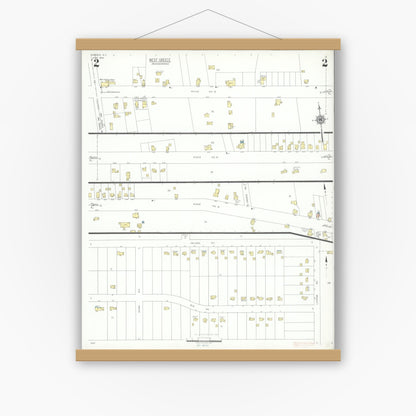 Old map wall art mockup — magnetic wood frame on white wall — Sanborn Fire Insurance Map from Greece, Monroe County, New York (1942), Sheet #0002