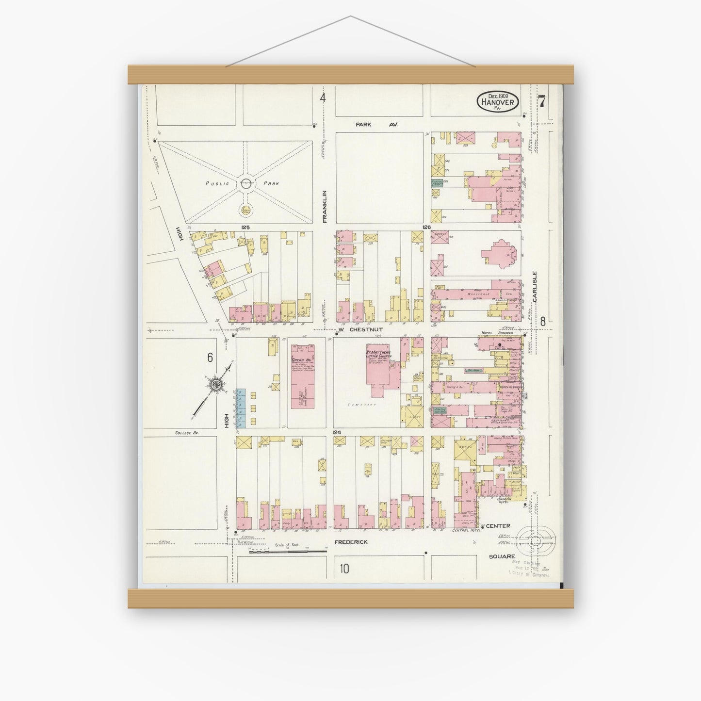 Old map wall art mockup — magnetic wood frame on white wall — Sanborn Fire Insurance Map from Hanover, York County, Pennsylvania (1909), Sheet #0007