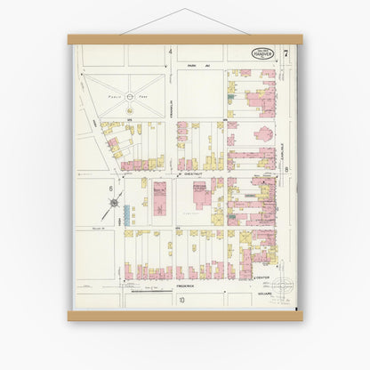 Old map wall art mockup — magnetic wood frame on white wall — Sanborn Fire Insurance Map from Hanover, York County, Pennsylvania (1909), Sheet #0007