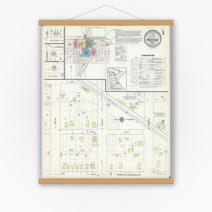 Old map wall art mockup — magnetic wood frame on white wall — Sanborn Fire Insurance Map from Pipestone, Pipestone County, Minnesota (1913), Sheet #0001