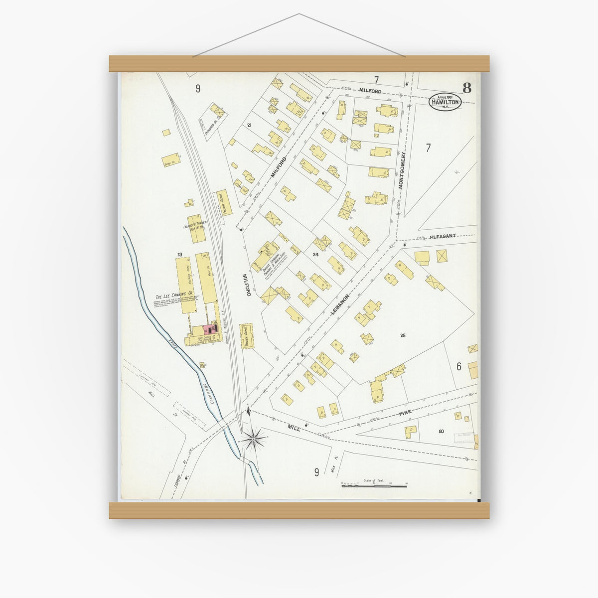 Old map wall art mockup — magnetic wood frame on white wall — Sanborn Fire Insurance Map from Hamilton, Madison County, New York (1901), Sheet #0008