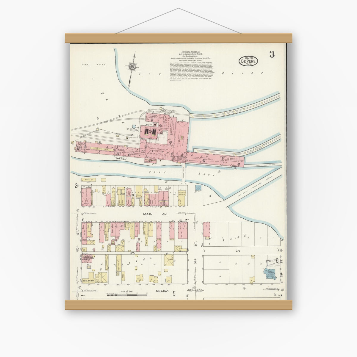 Old map wall art mockup — magnetic wood frame on white wall — Sanborn Fire Insurance Map from De Pere, Brown County, Wisconsin (1914), Sheet #0003