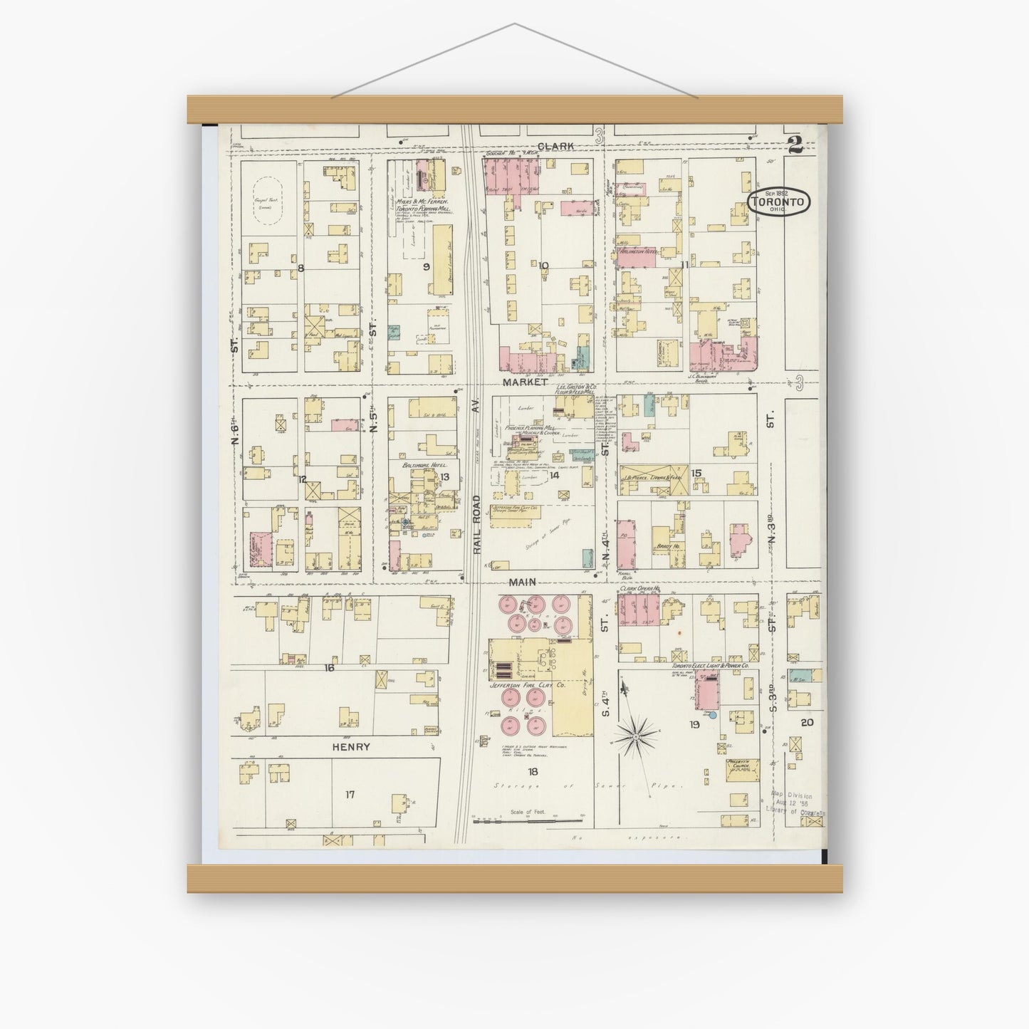 Old map wall art mockup — magnetic wood frame on white wall — Sanborn Fire Insurance Map from Toronto, Jefferson County, Ohio (1892), Sheet #0002