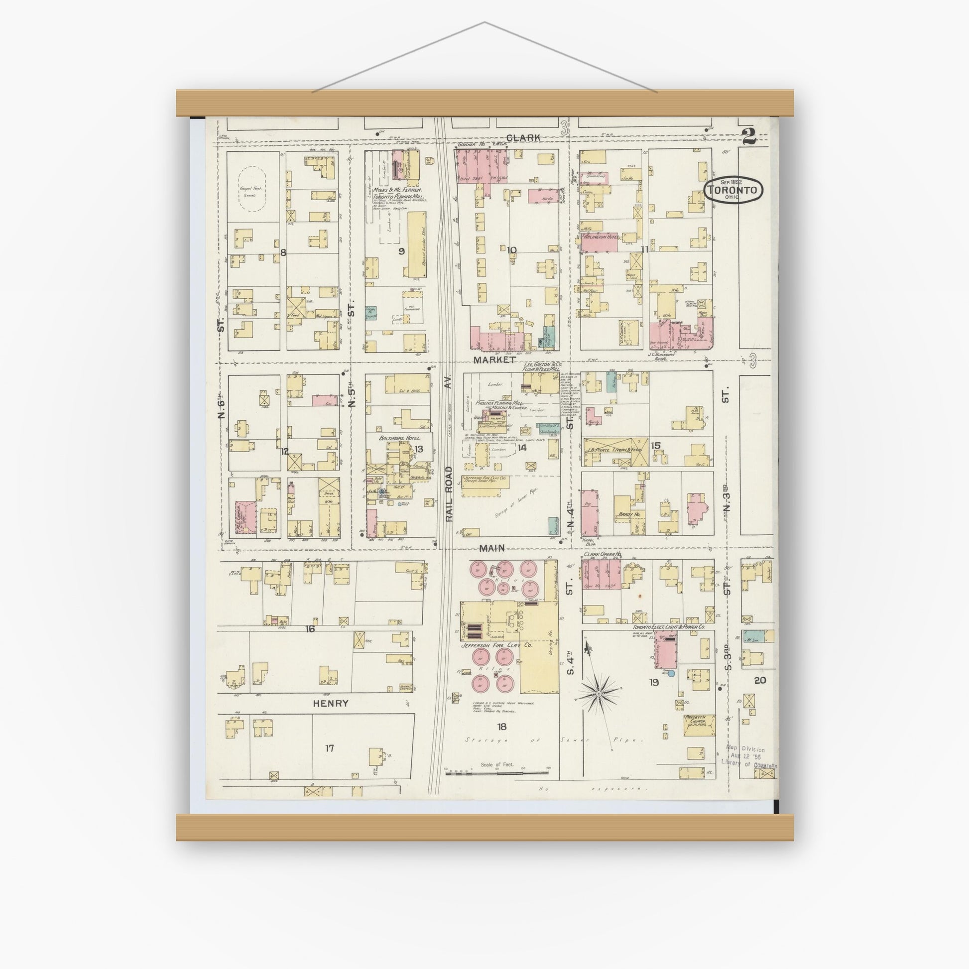 Old map wall art mockup — magnetic wood frame on white wall — Sanborn Fire Insurance Map from Toronto, Jefferson County, Ohio (1892), Sheet #0002