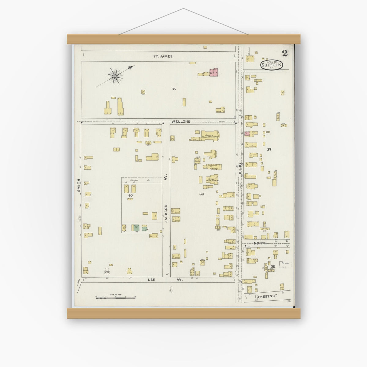 Old map wall art mockup — magnetic wood frame on white wall — Sanborn Fire Insurance Map from Suffolk, Independent Cities, Virginia (1894), Sheet #0002