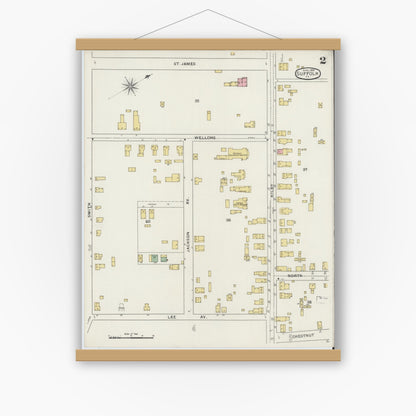 Old map wall art mockup — magnetic wood frame on white wall — Sanborn Fire Insurance Map from Suffolk, Independent Cities, Virginia (1894), Sheet #0002