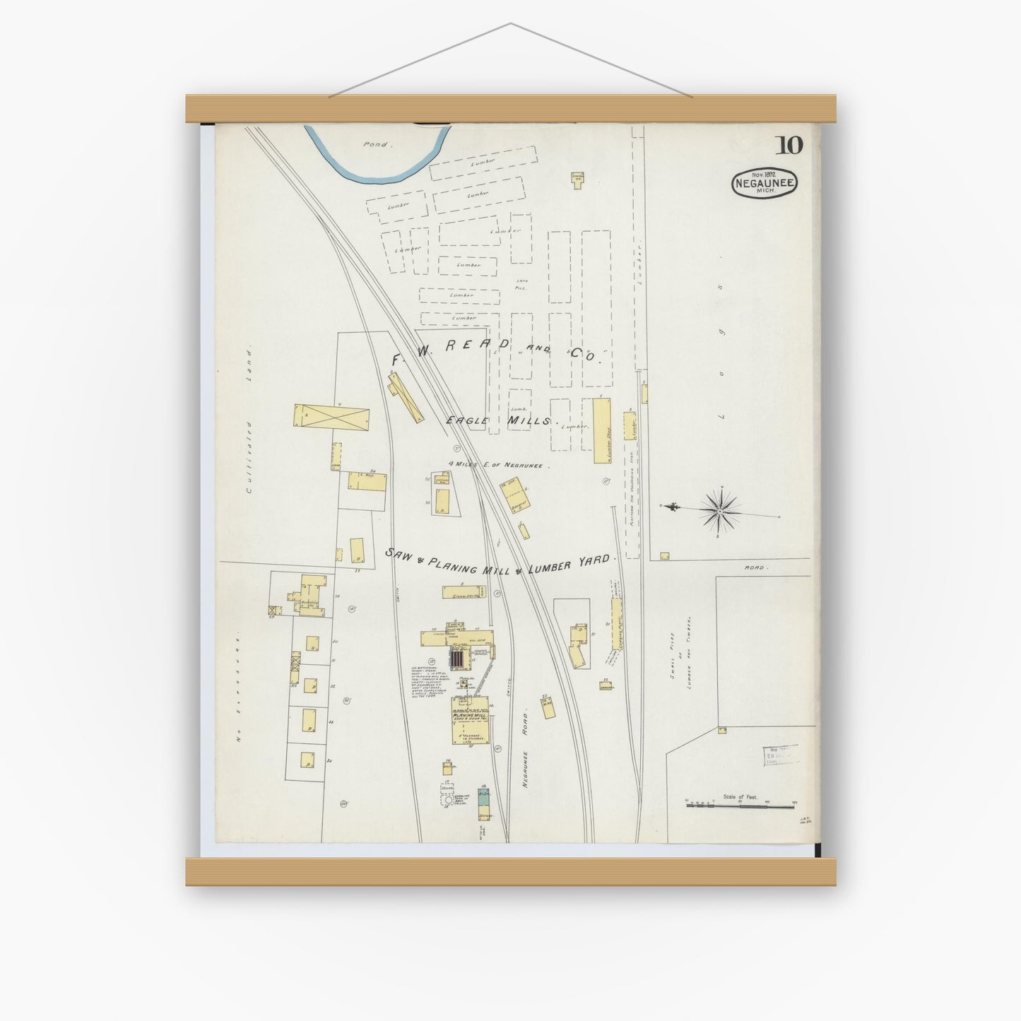 Old map wall art mockup — magnetic wood frame on white wall — Sanborn Fire Insurance Map from Negaunee, Marquette County, Michigan (1892), Sheet #0010