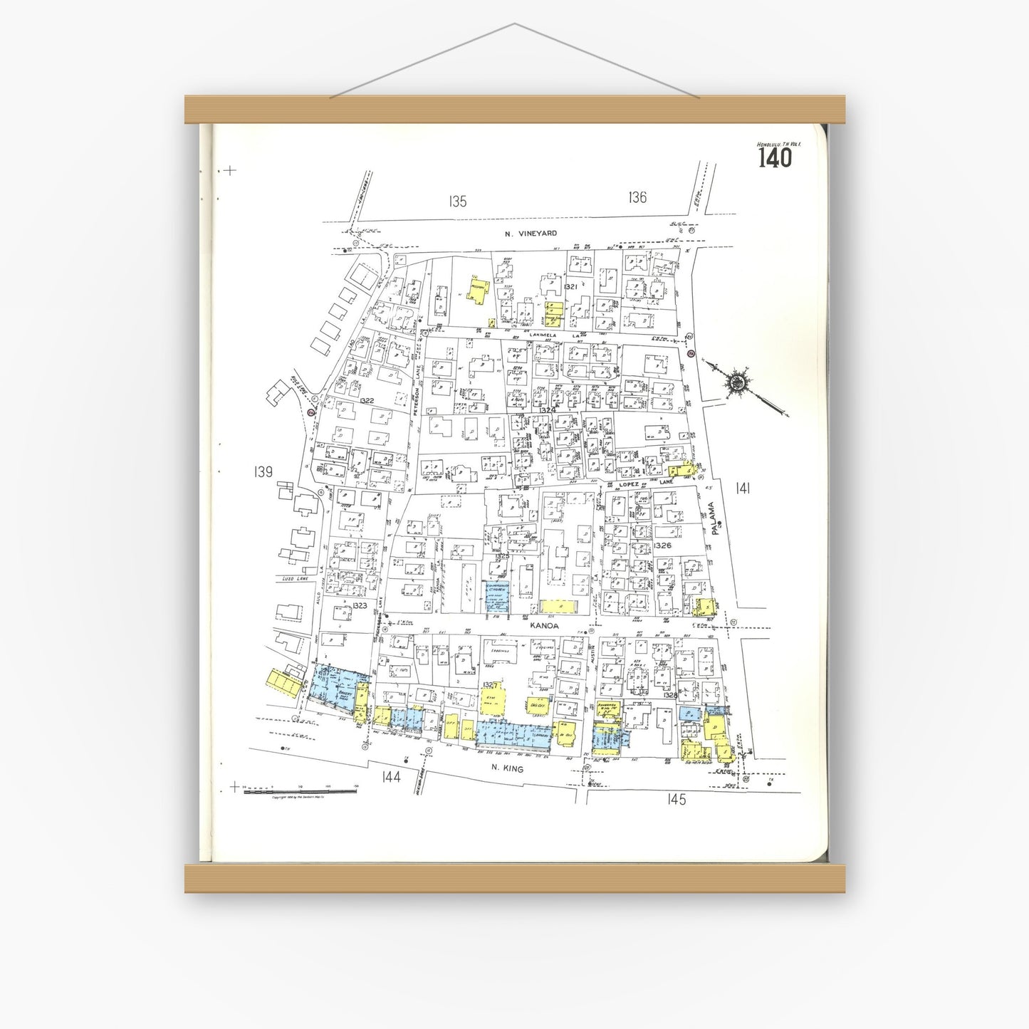 Old map wall art mockup — magnetic wood frame on white wall — Sanborn Fire Insurance Map from Honolulu, Oahu County, Hawaii (1955), Sheet #0140