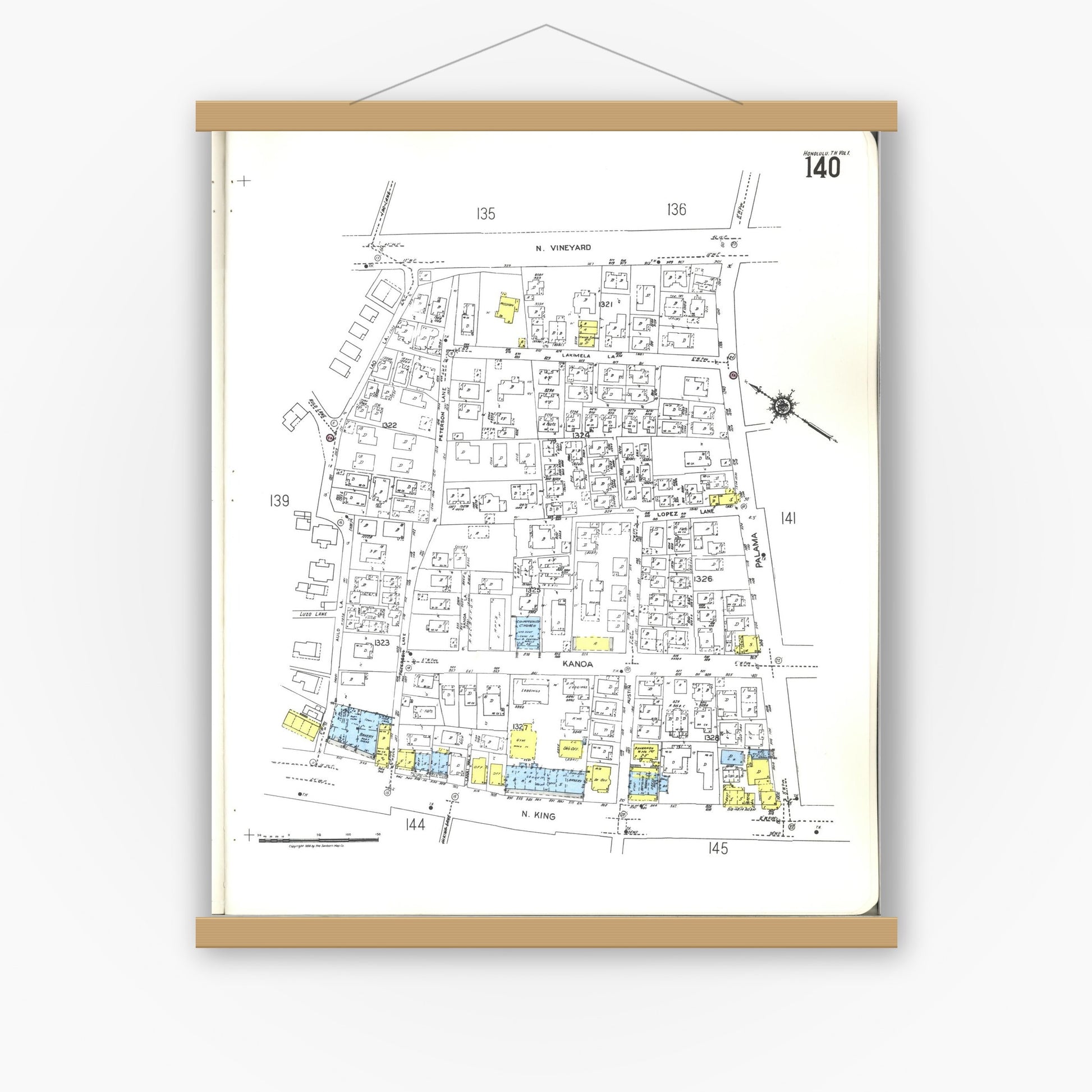 Old map wall art mockup — magnetic wood frame on white wall — Sanborn Fire Insurance Map from Honolulu, Oahu County, Hawaii (1955), Sheet #0140