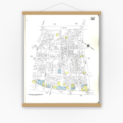 Old map wall art mockup — magnetic wood frame on white wall — Sanborn Fire Insurance Map from Honolulu, Oahu County, Hawaii (1955), Sheet #0140