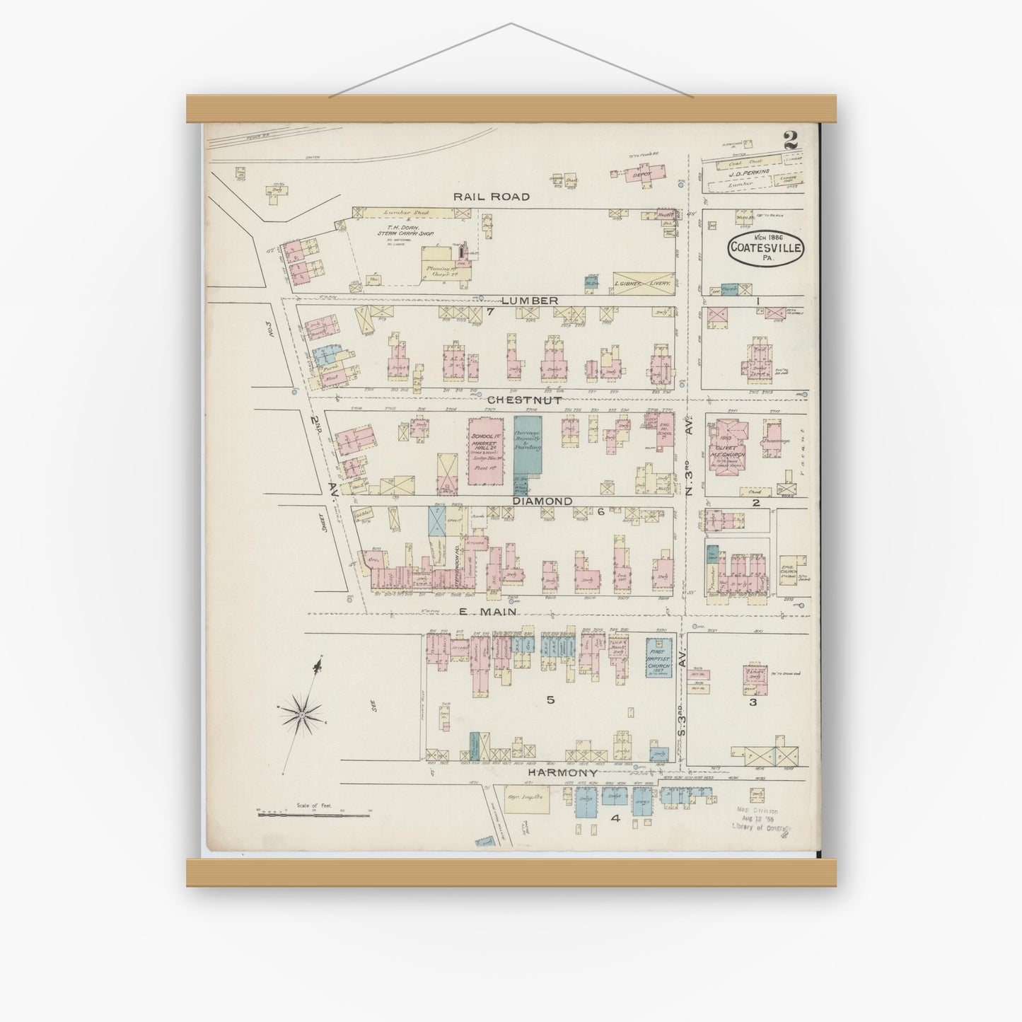 Old map wall art mockup — magnetic wood frame on white wall — Sanborn Fire Insurance Map from Coatesville, Chester County, Pennsylvania (1886), Sheet #0002