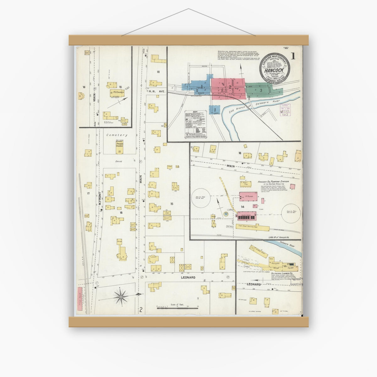 Old map wall art mockup — magnetic wood frame on white wall — Sanborn Fire Insurance Map from Hancock, Delaware County, New York (1903), Sheet #0001
