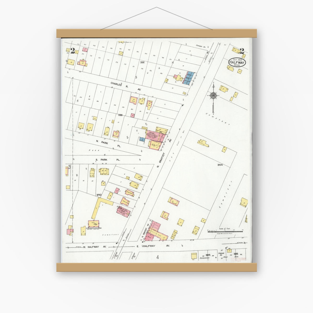 Old map wall art mockup — magnetic wood frame on white wall — Sanborn Fire Insurance Map from Halfway, Macomb County, Michigan (1925), Sheet #0002