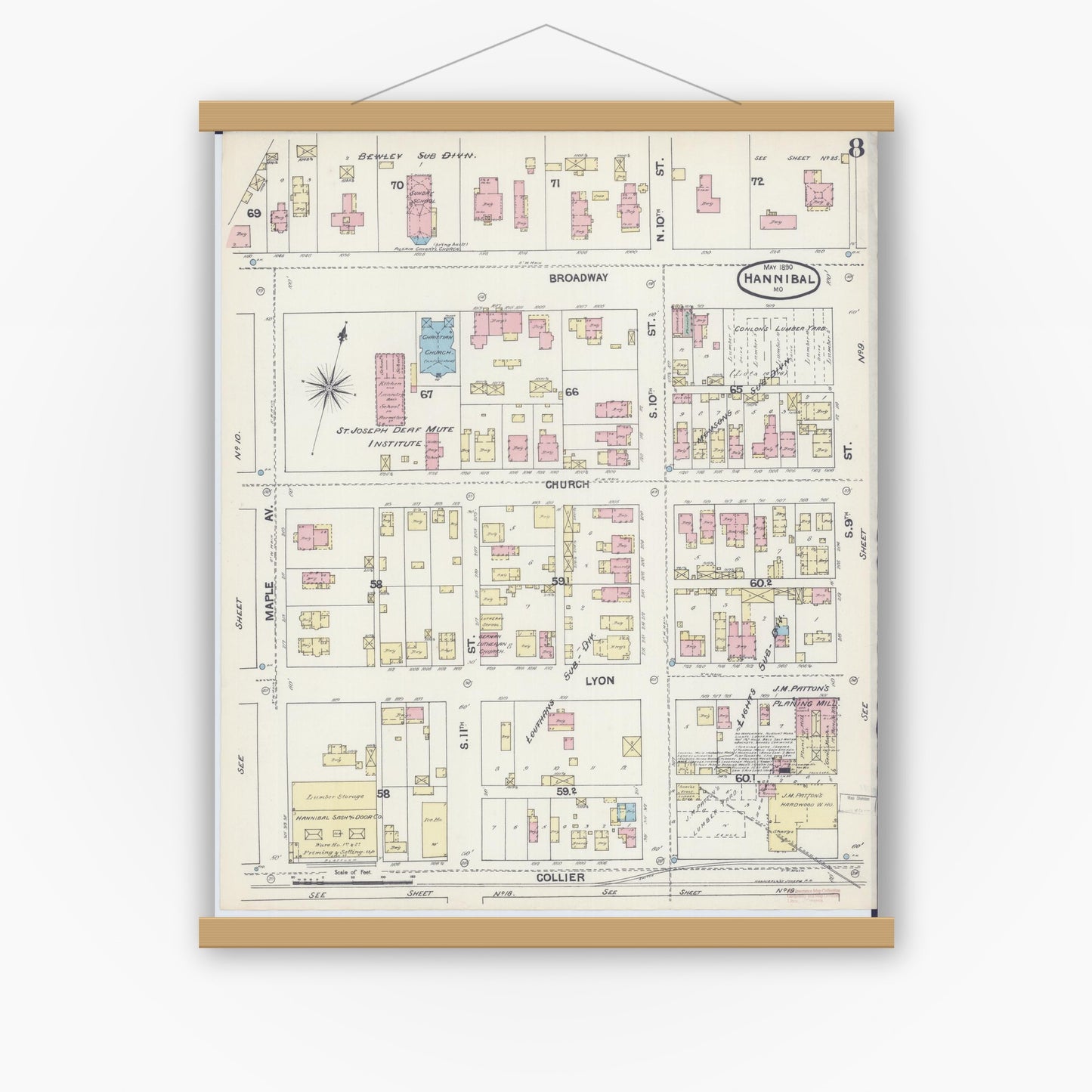 Old map wall art mockup — magnetic wood frame on white wall — Sanborn Fire Insurance Map from Hannibal, Marion County, Missouri (1890), Sheet #0008