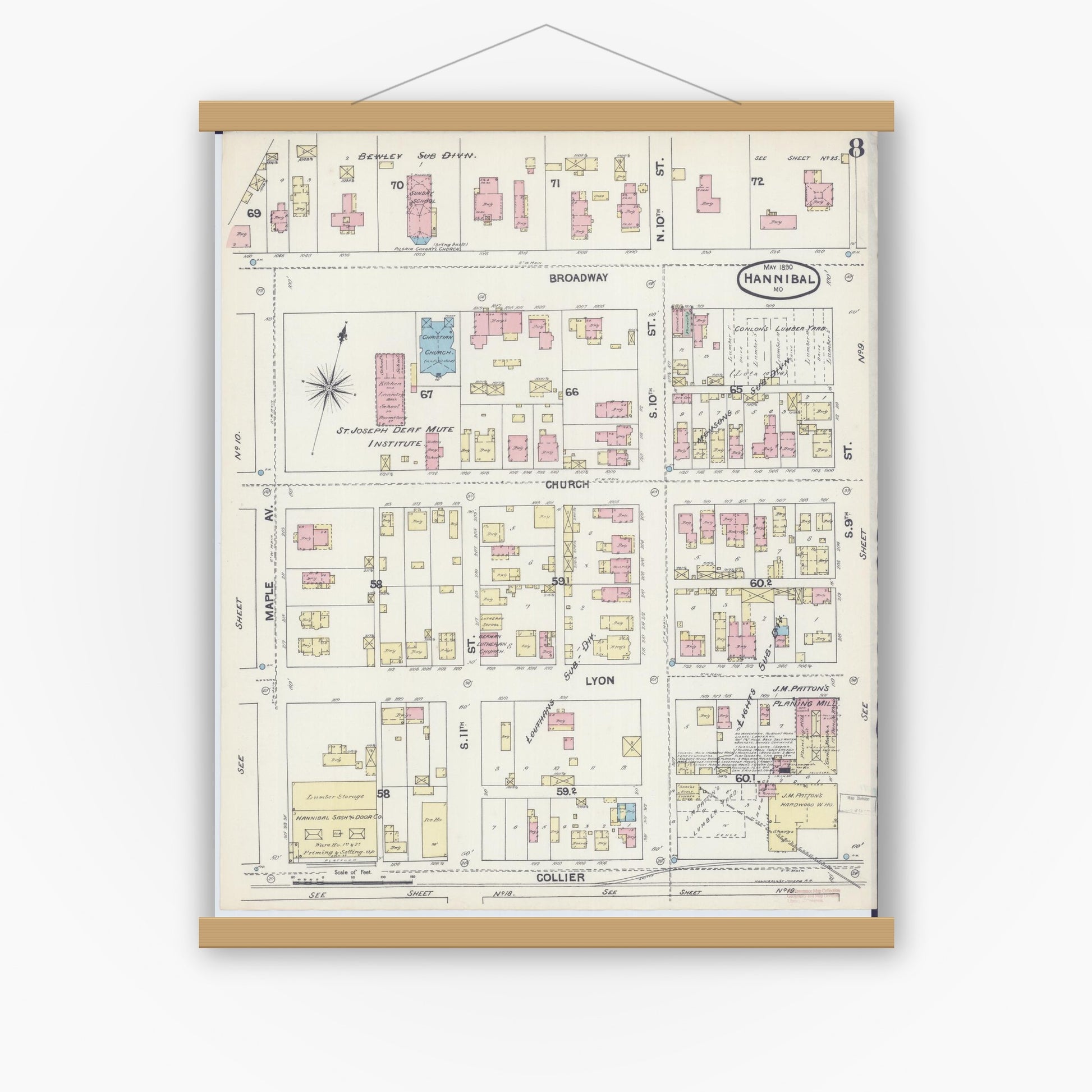 Old map wall art mockup — magnetic wood frame on white wall — Sanborn Fire Insurance Map from Hannibal, Marion County, Missouri (1890), Sheet #0008
