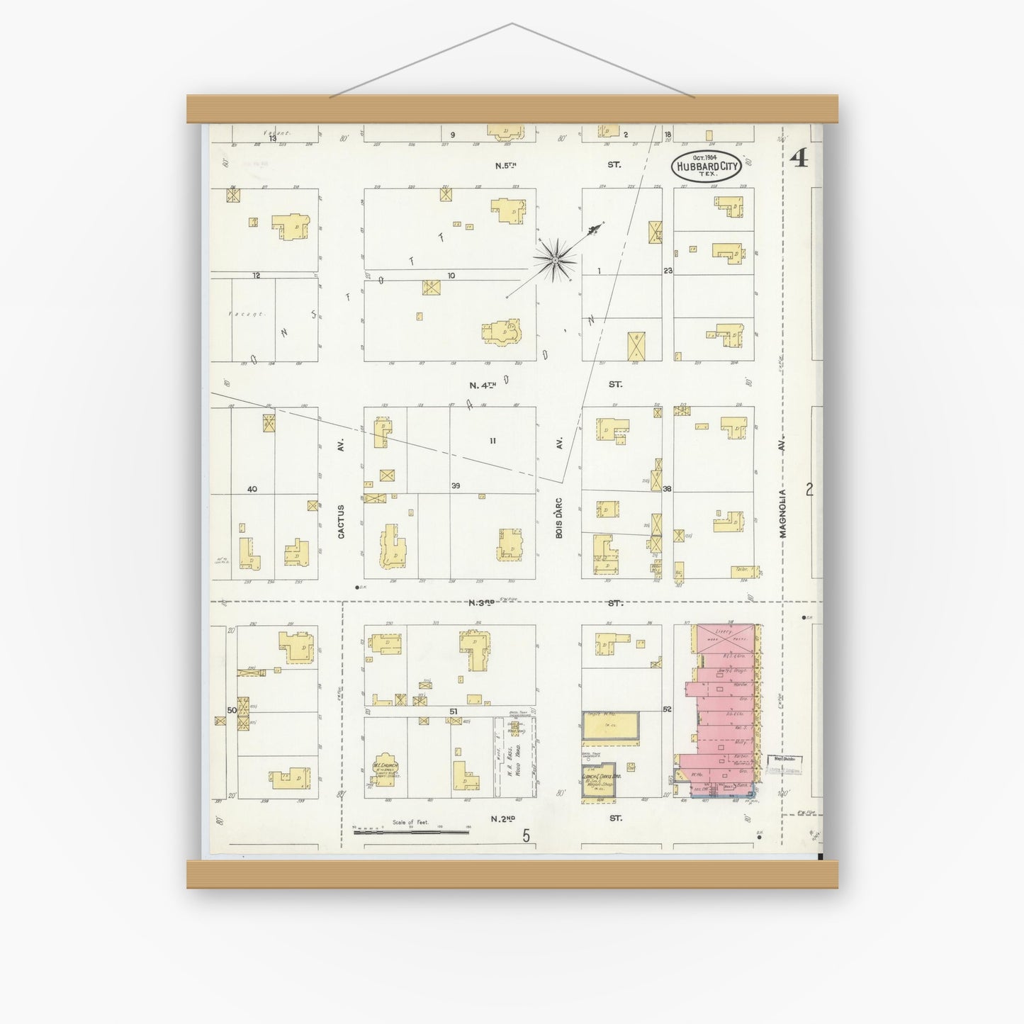 Old map wall art mockup — magnetic wood frame on white wall — Sanborn Fire Insurance Map from Hubbard, Hill County, Texas (1904), Sheet #0004
