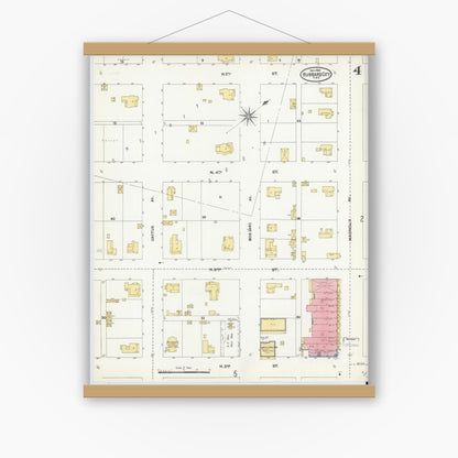 Old map wall art mockup — magnetic wood frame on white wall — Sanborn Fire Insurance Map from Hubbard, Hill County, Texas (1904), Sheet #0004