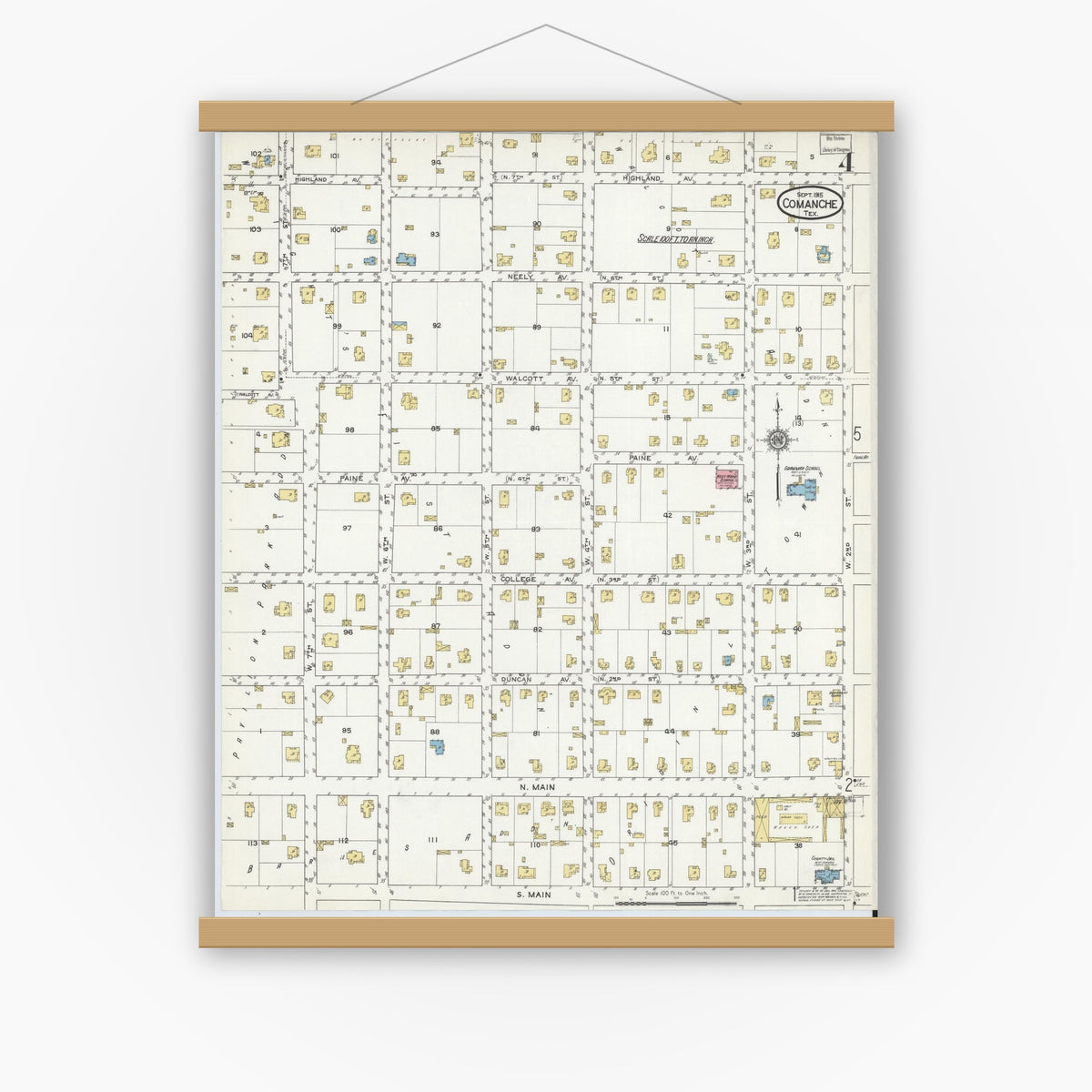 Old map wall art mockup — magnetic wood frame on white wall — Sanborn Fire Insurance Map from Comanche, Comanche County, Texas (1915), Sheet #0004