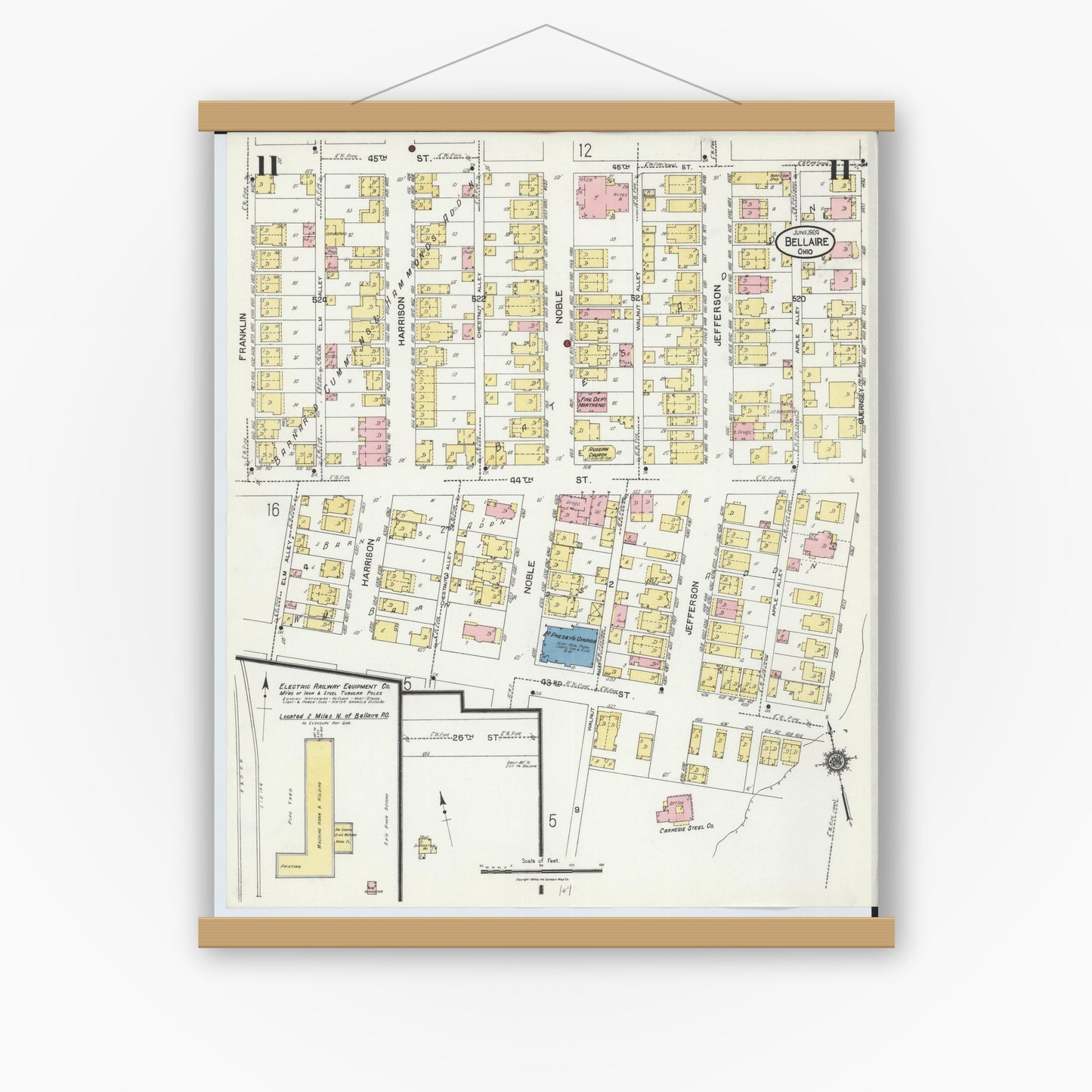 Old map wall art mockup — magnetic wood frame on white wall — Sanborn Fire Insurance Map from Bellaire, Belmont County, Ohio (1924), Sheet #0011