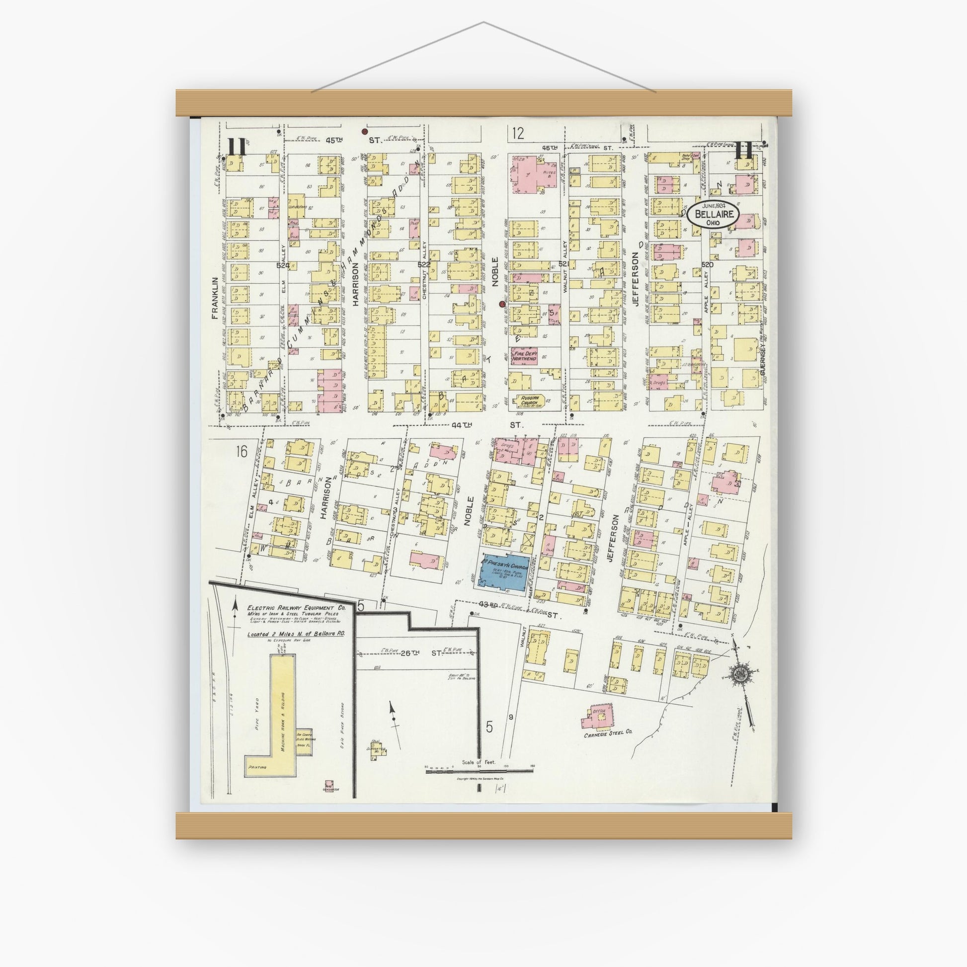 Old map wall art mockup — magnetic wood frame on white wall — Sanborn Fire Insurance Map from Bellaire, Belmont County, Ohio (1924), Sheet #0011
