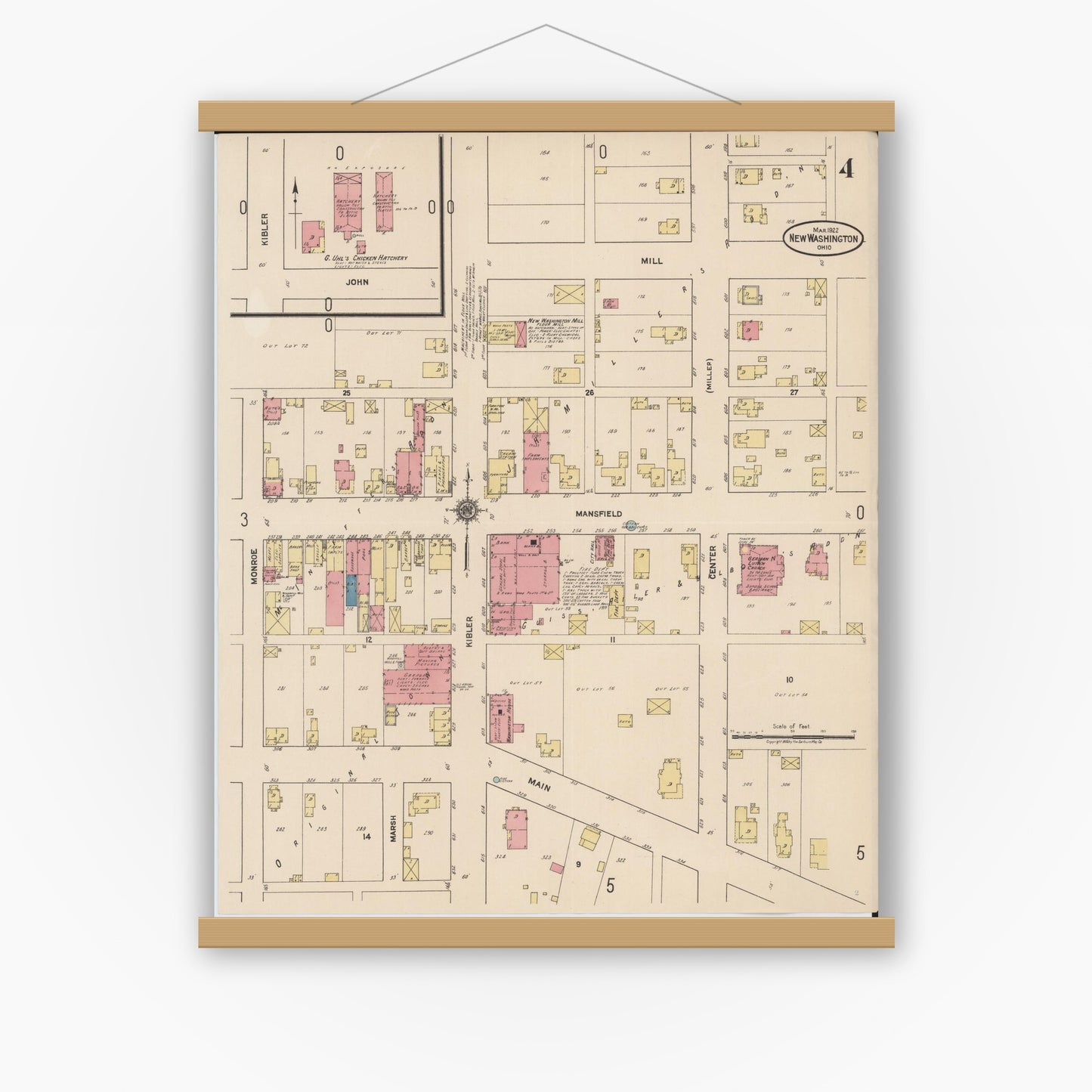 Old map wall art mockup — magnetic wood frame on white wall — Sanborn Fire Insurance Map from New Washington, Crawford County, Ohio (1922), Sheet #0004