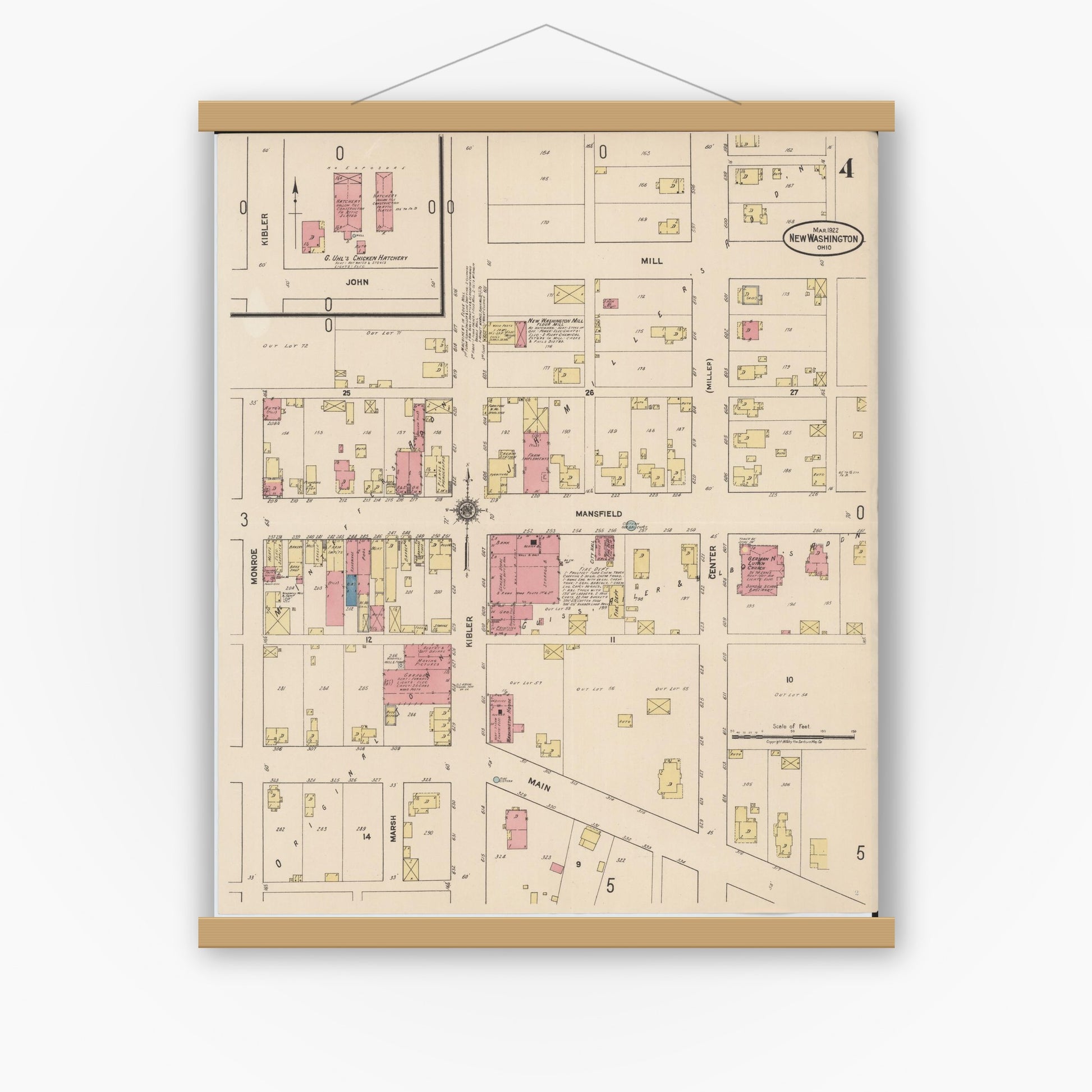Old map wall art mockup — magnetic wood frame on white wall — Sanborn Fire Insurance Map from New Washington, Crawford County, Ohio (1922), Sheet #0004