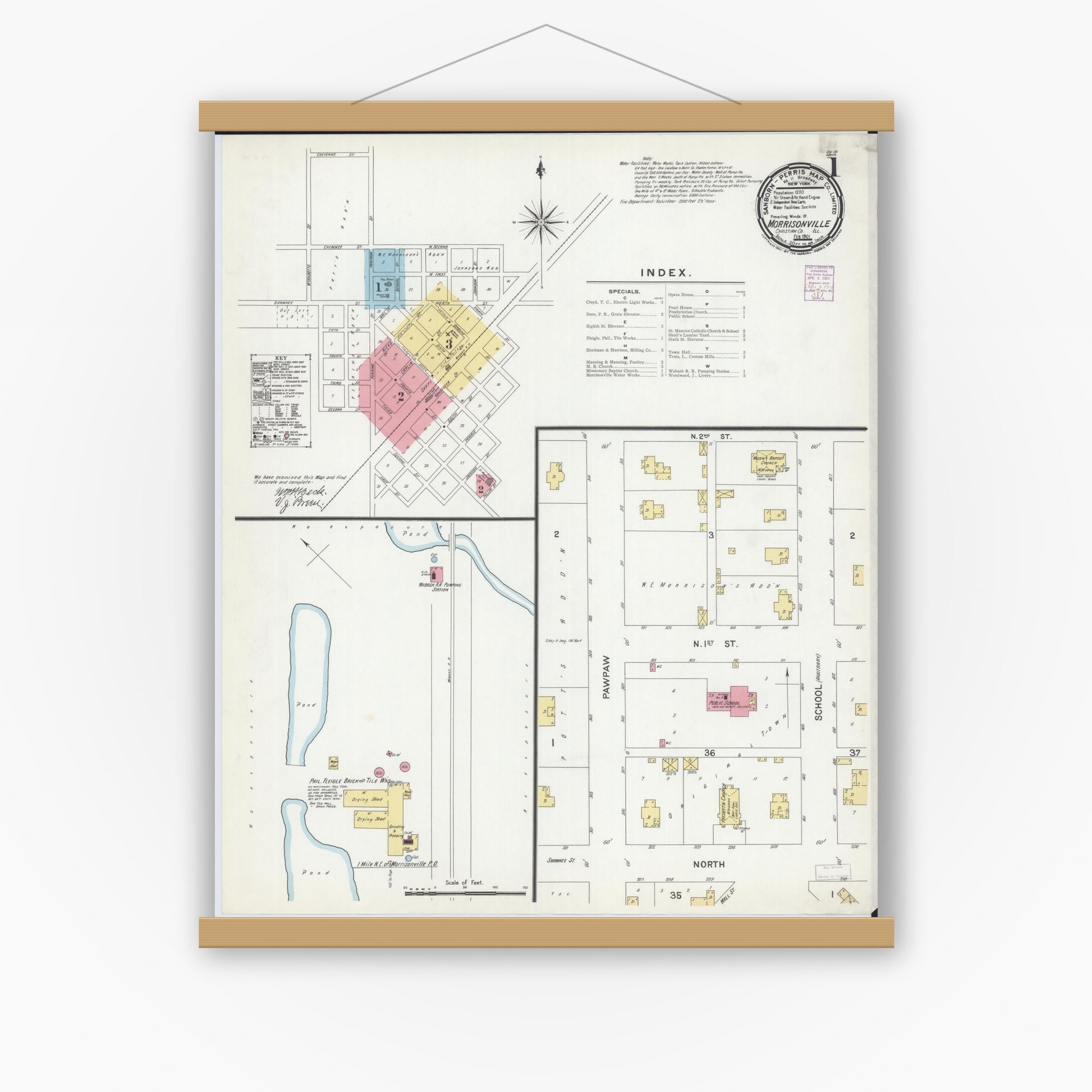 Old map wall art mockup — magnetic wood frame on white wall — Sanborn Fire Insurance Map from Morrisonville, Christian County, Illinois (1901) - Complete Map Set