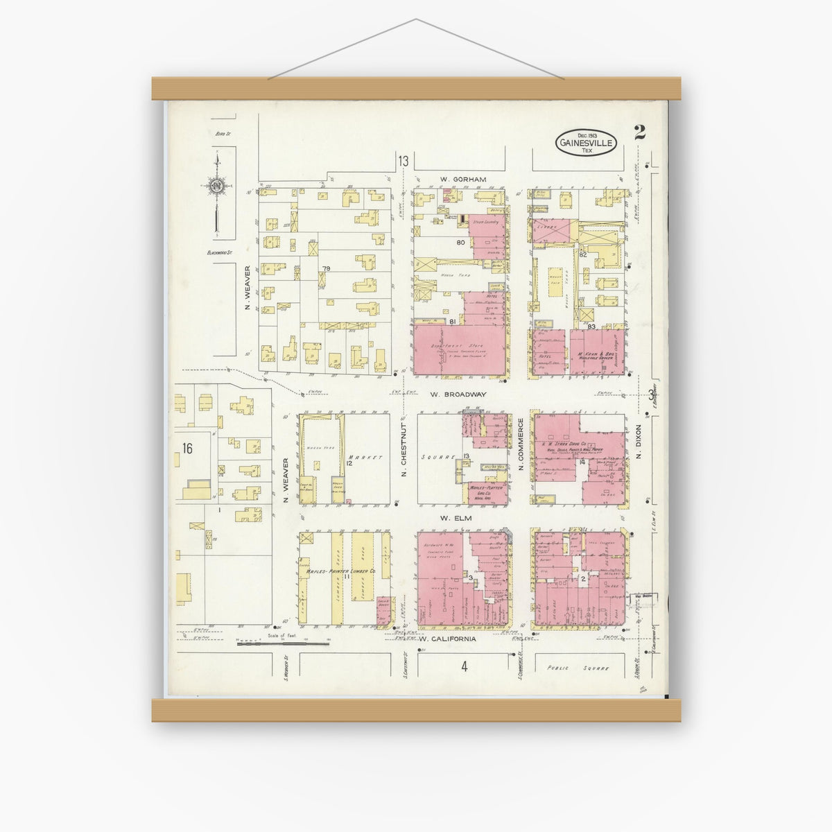 Old map wall art mockup — magnetic wood frame on white wall — Sanborn Fire Insurance Map from Gainesville, Cooke County, Texas (1913), Sheet #0002