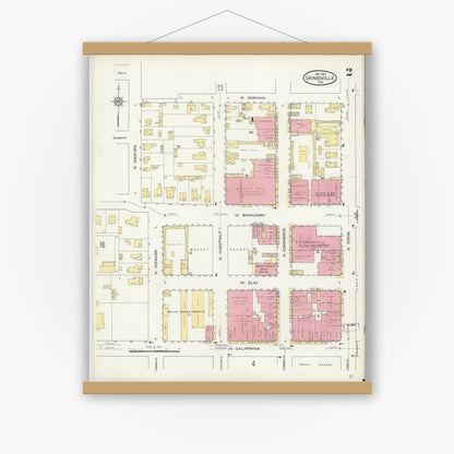 Old map wall art mockup — magnetic wood frame on white wall — Sanborn Fire Insurance Map from Gainesville, Cooke County, Texas (1913), Sheet #0002