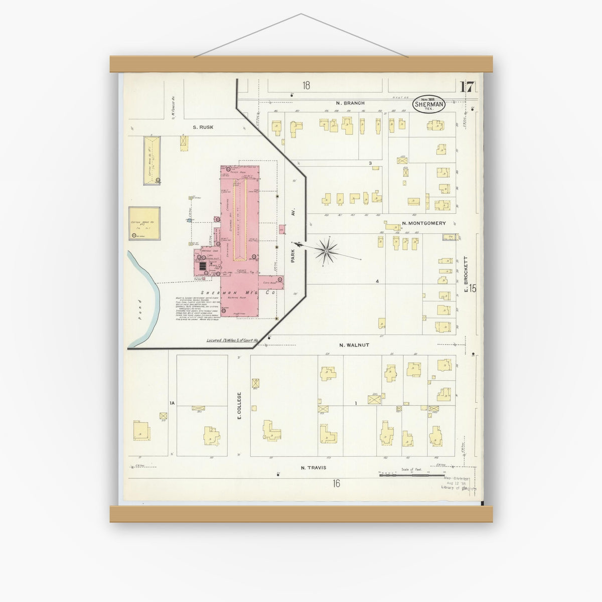 Old map wall art mockup — magnetic wood frame on white wall — Sanborn Fire Insurance Map from Sherman, Grayson County, Texas (1908), Sheet #0017