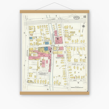Old map wall art mockup — magnetic wood frame on white wall — Sanborn Fire Insurance Map from Herkimer, Herkimer County, New York (1911), Sheet #0012