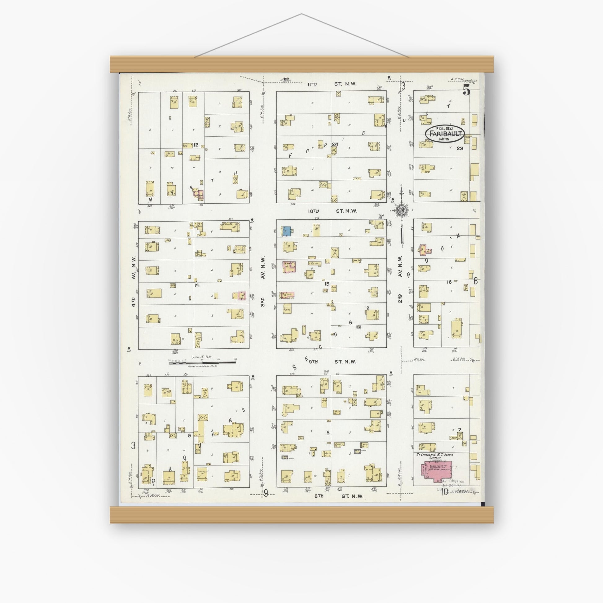 Old map wall art mockup — magnetic wood frame on white wall — Sanborn Fire Insurance Map from Faribault, Rice County, Minnesota (1921), Sheet #0005