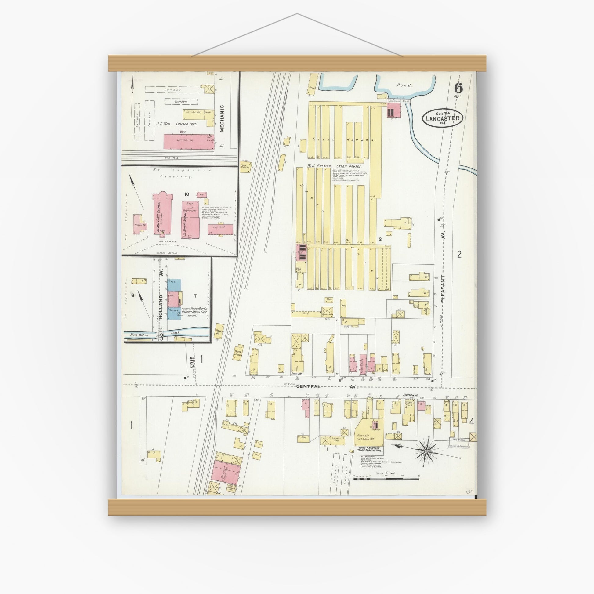 Old map wall art mockup — magnetic wood frame on white wall — Sanborn Fire Insurance Map from Lancaster, Erie County, New York (1904), Sheet #0006