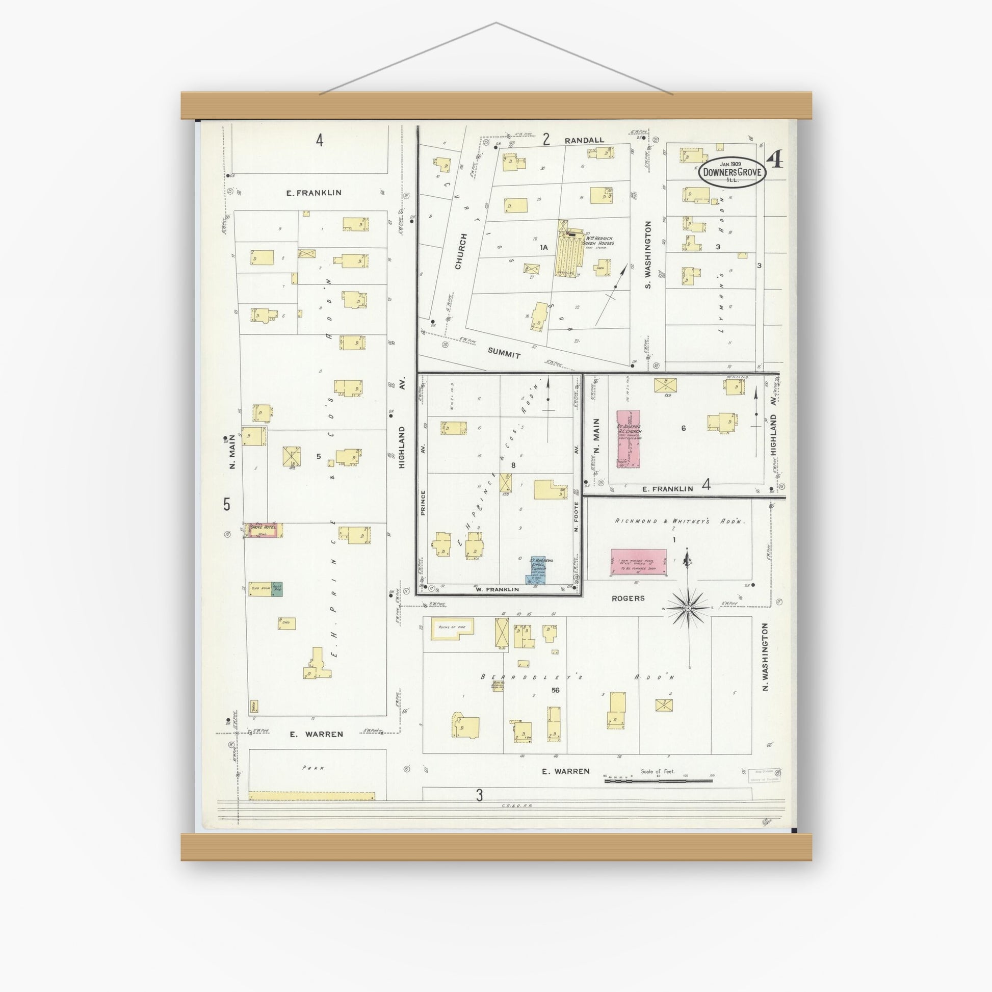Old map wall art mockup — magnetic wood frame on white wall — Sanborn Fire Insurance Map from Downers Grove, Dupage County, Illinois (1909), Sheet #0004