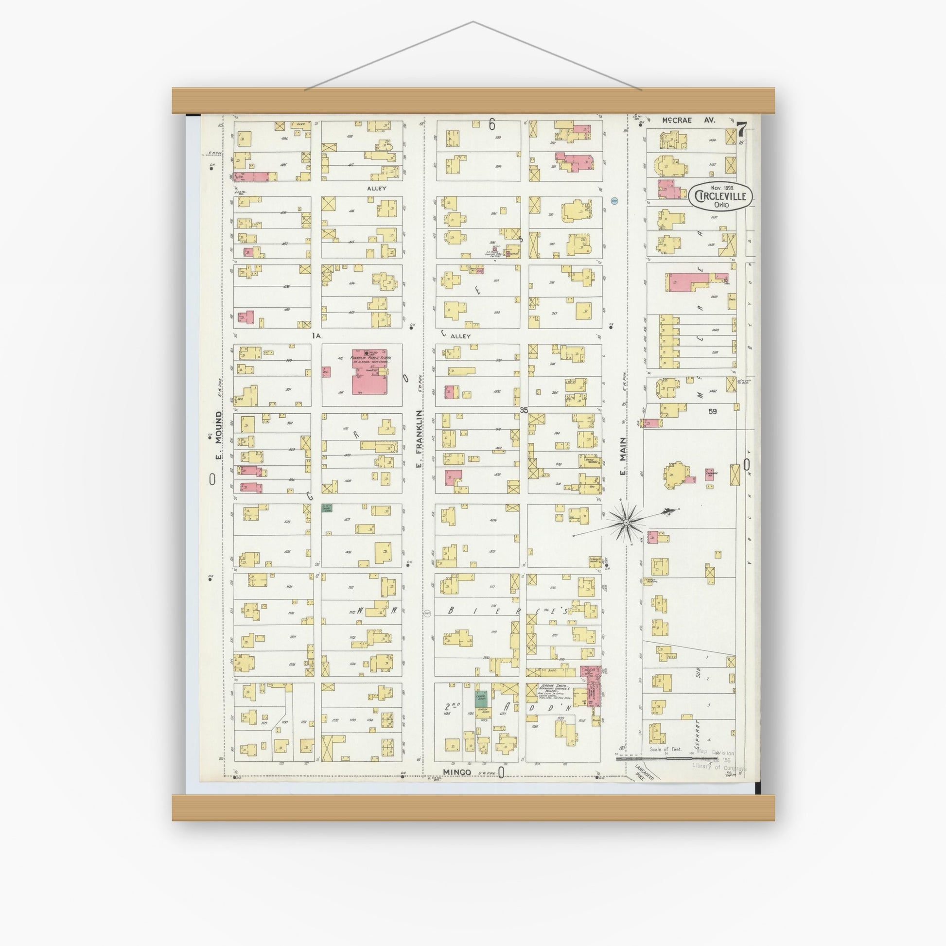 Old map wall art mockup — magnetic wood frame on white wall — Sanborn Fire Insurance Map from Circleville, Pickaway County, Ohio (1899), Sheet #0007