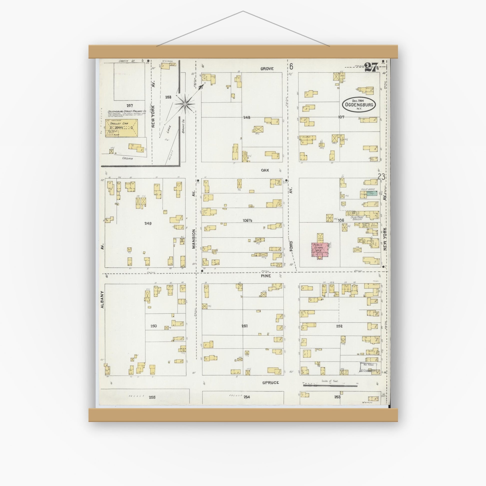 Old map wall art mockup — magnetic wood frame on white wall — Sanborn Fire Insurance Map from Ogdensburg, St. Lawrence County, New York (1904), Sheet #0027