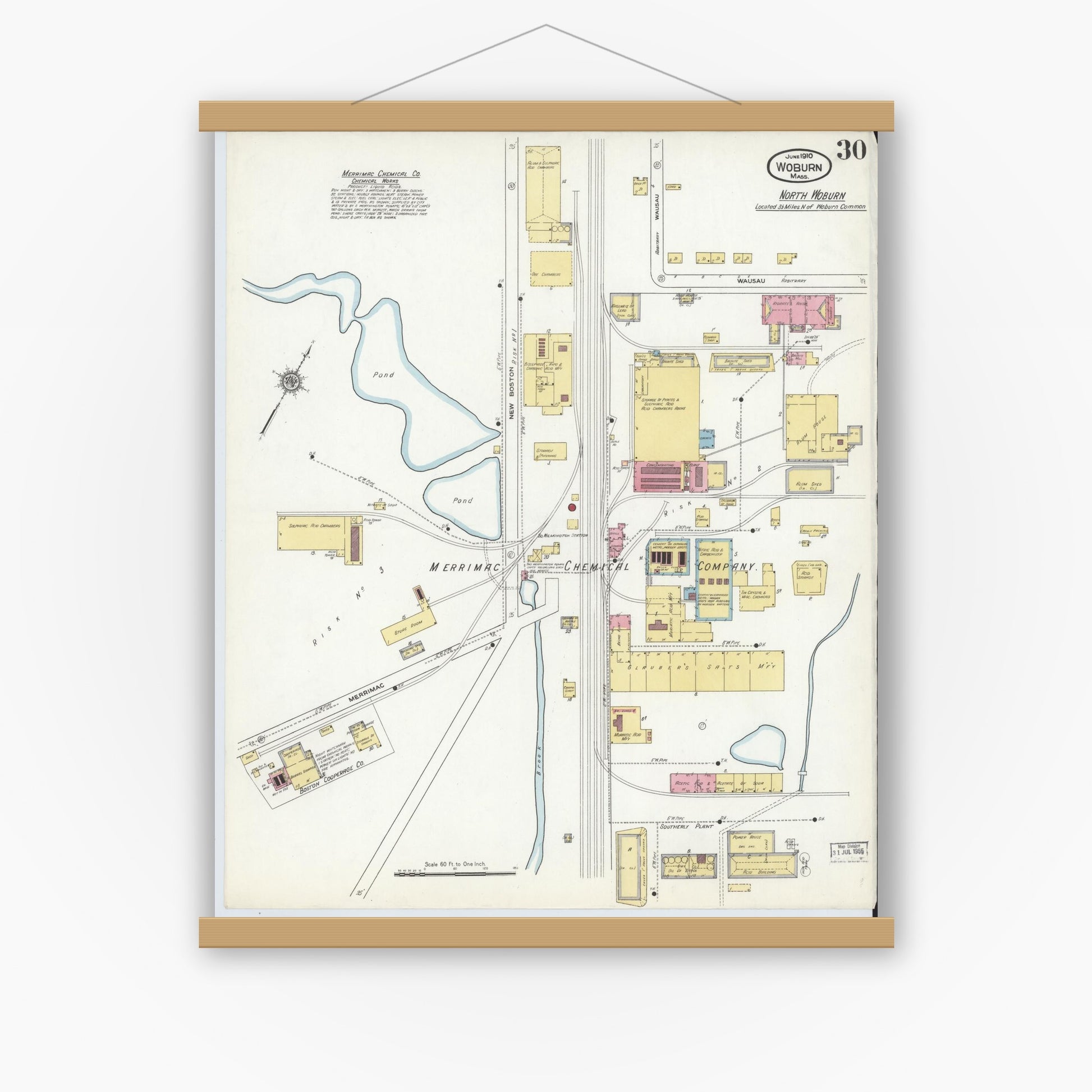 Old map wall art mockup — magnetic wood frame on white wall — Sanborn Fire Insurance Map from Woburn, Middlesex County, Massachusetts (1910), Sheet #0030