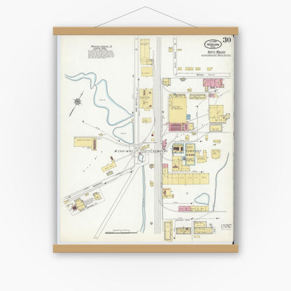 Old map wall art mockup — magnetic wood frame on white wall — Sanborn Fire Insurance Map from Woburn, Middlesex County, Massachusetts (1910), Sheet #0030