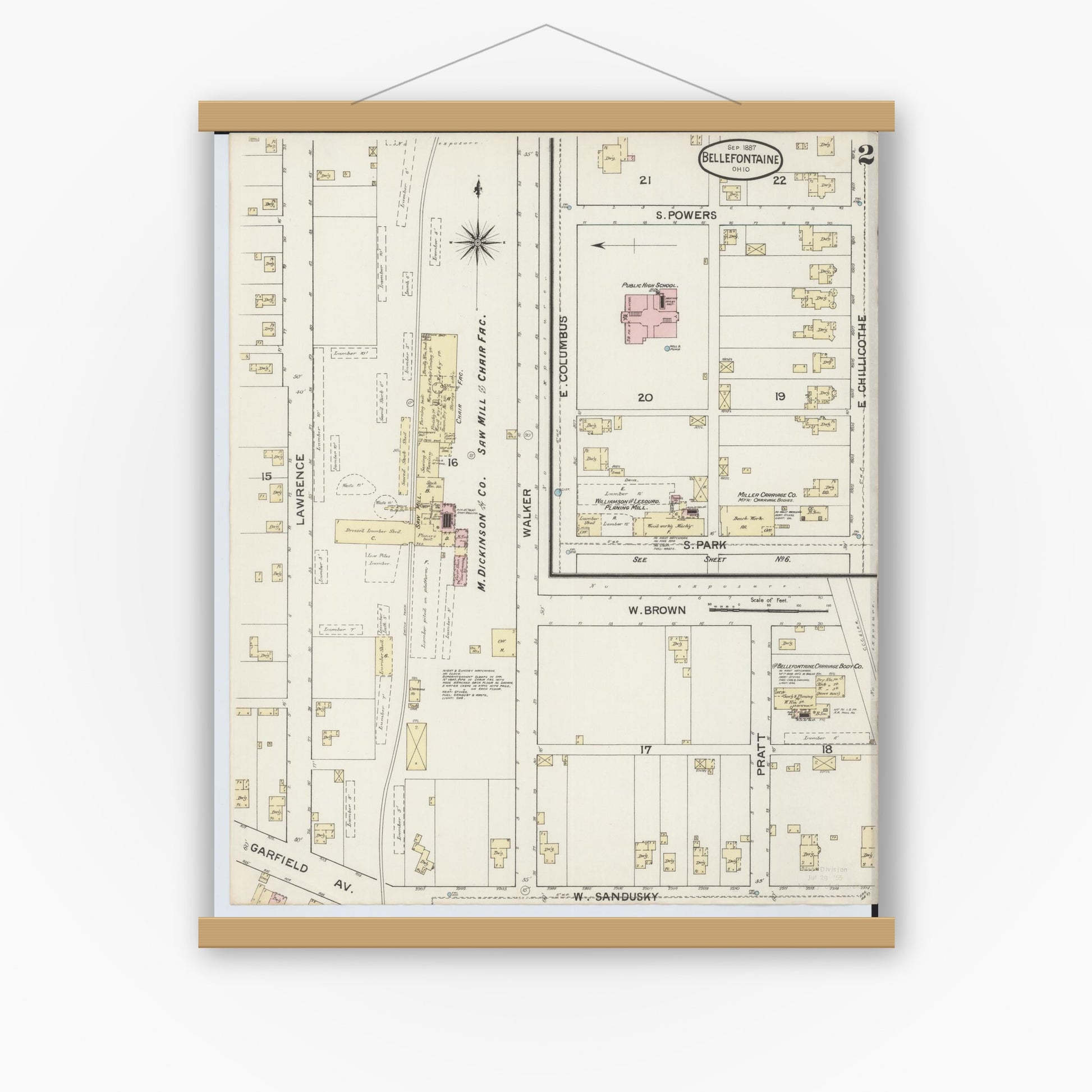 Old map wall art mockup — magnetic wood frame on white wall — Sanborn Fire Insurance Map from Bellefontaine, Logan County, Ohio (1887), Sheet #0002